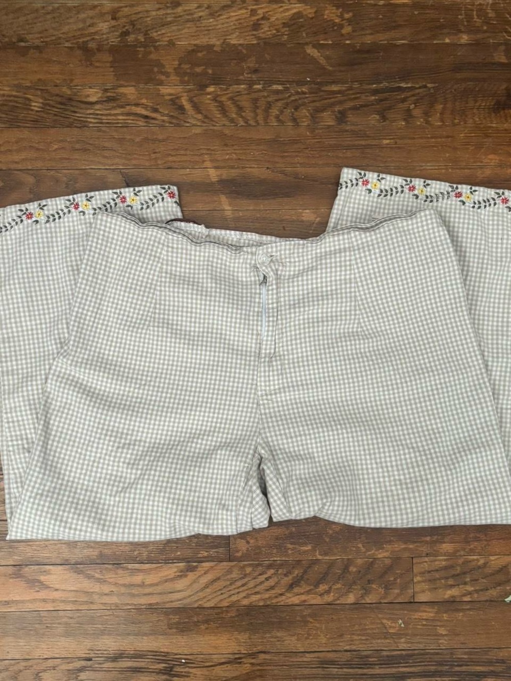 gingham floral embroidered pants